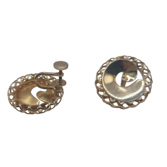 Vintage Gold-Tone Spiral Screw Back Earrings With Lattice Edge - Picture 2 of 4